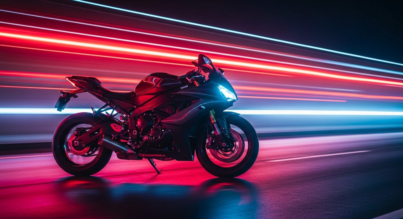 Moto deportiva en asfalto de noche con luces rojas y azules