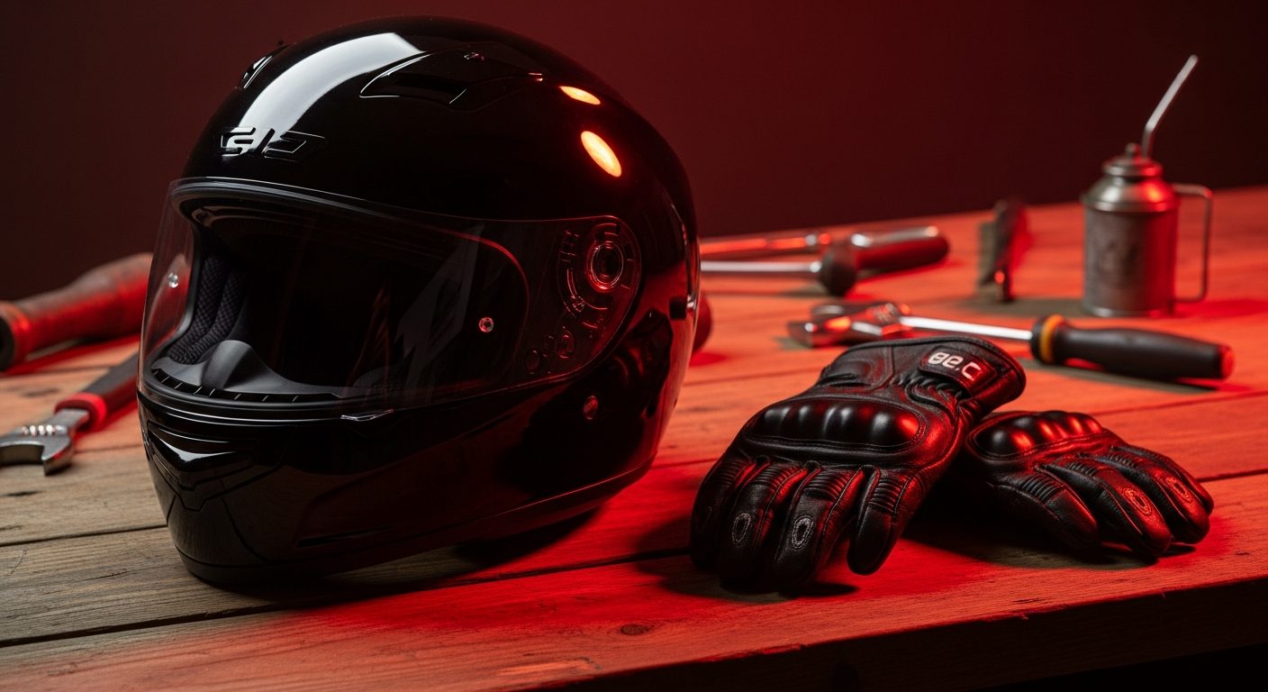 Casco de motociclista y guantes en banco de taller