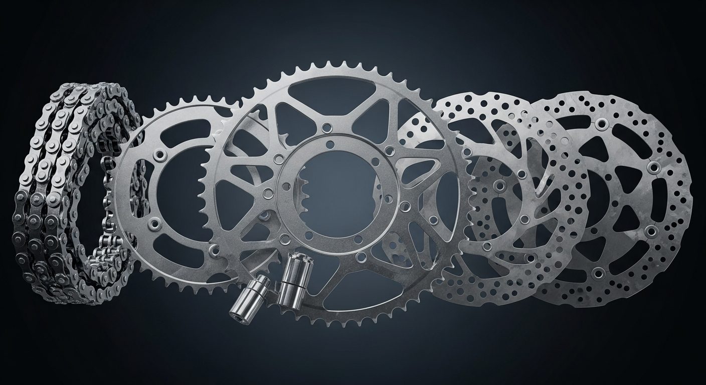 Cadenas, sprockets y discos de freno de moto