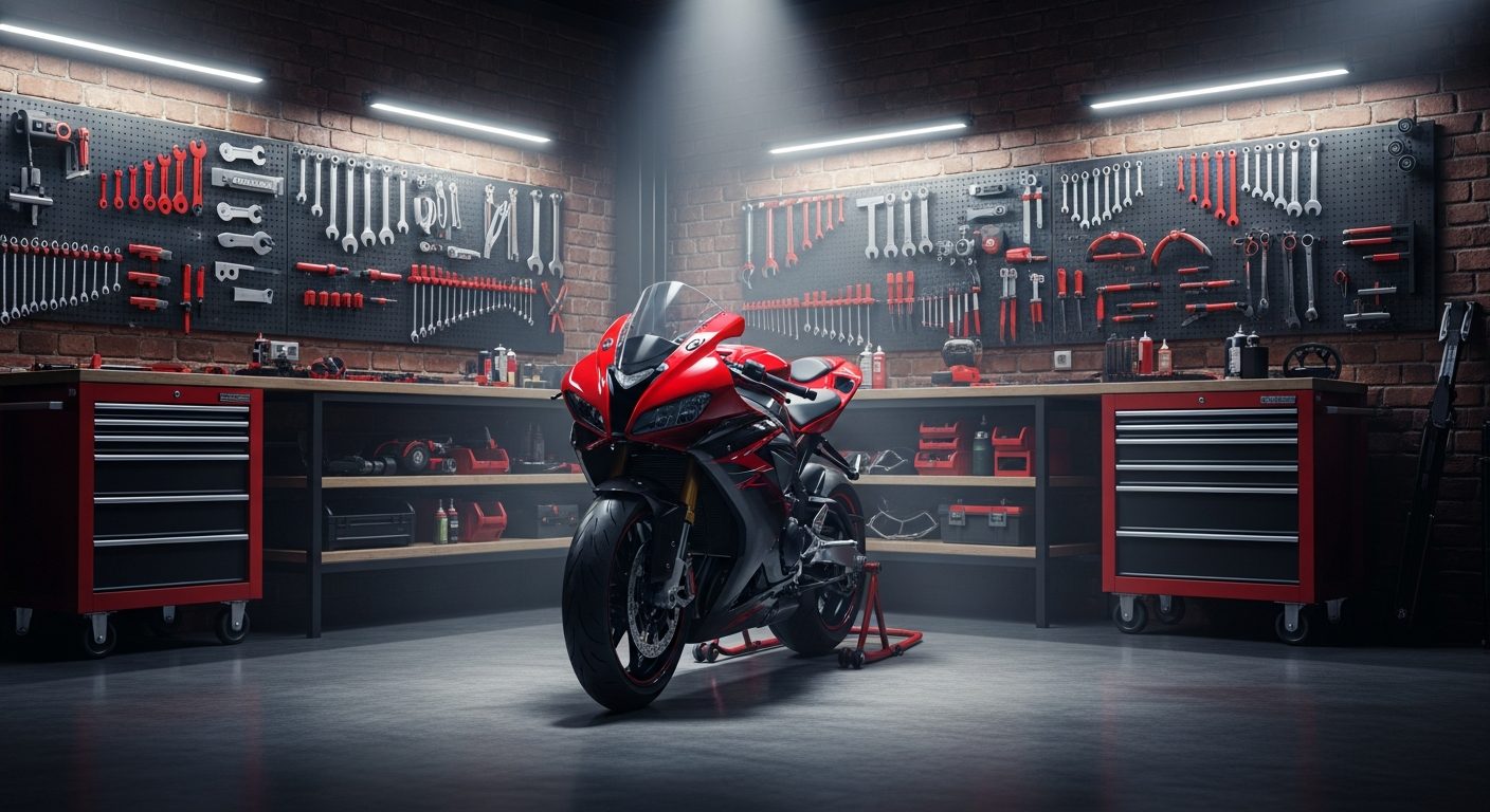 Taller de motos con herramientas y moto deportiva